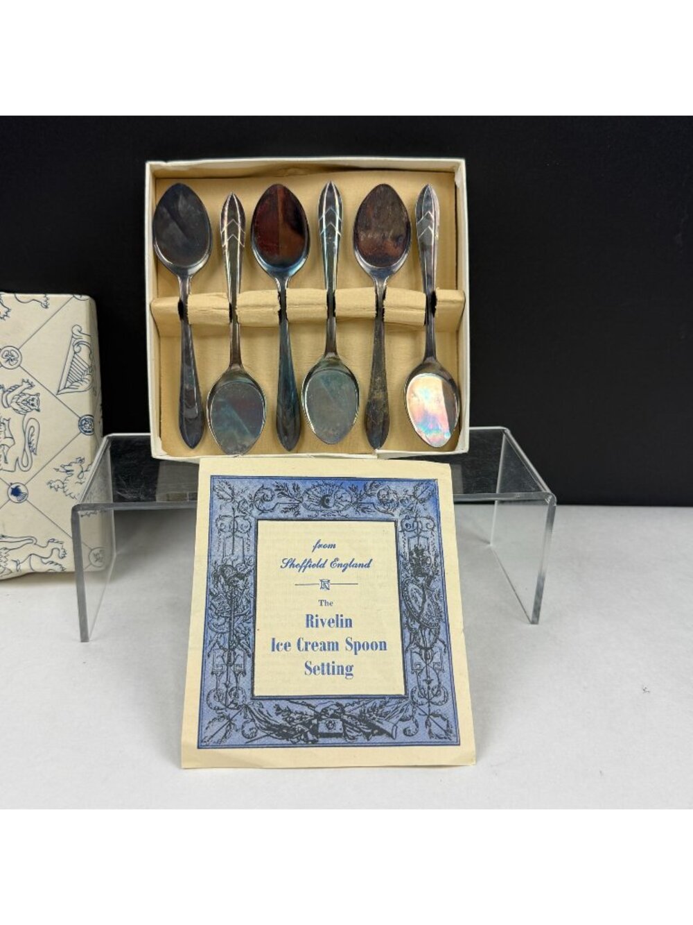 Vintage Sheffield Rivelin Silver Plate Ice Cream Spoon Set Of 6 In Original Box